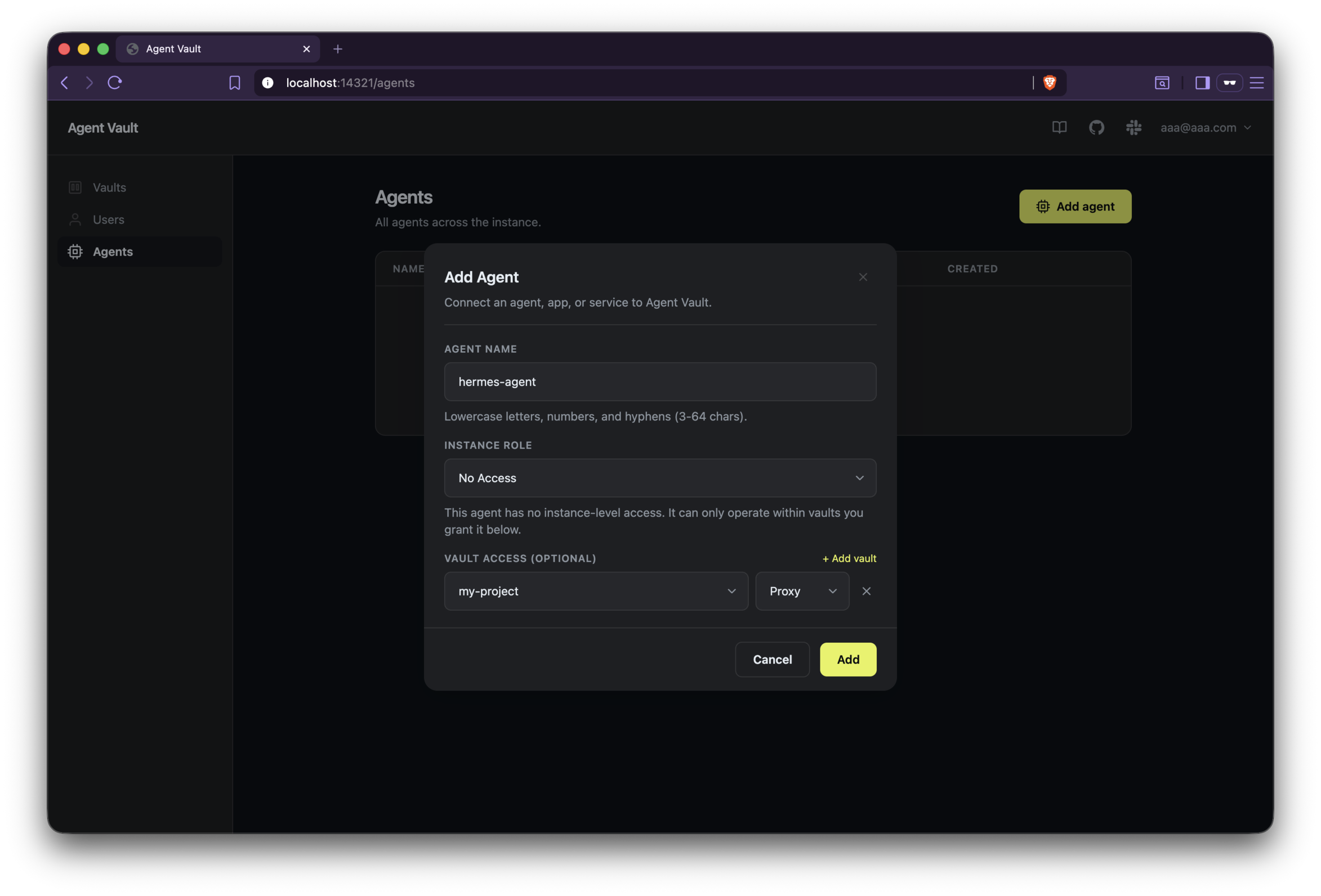 Agent Vault - Add Agent