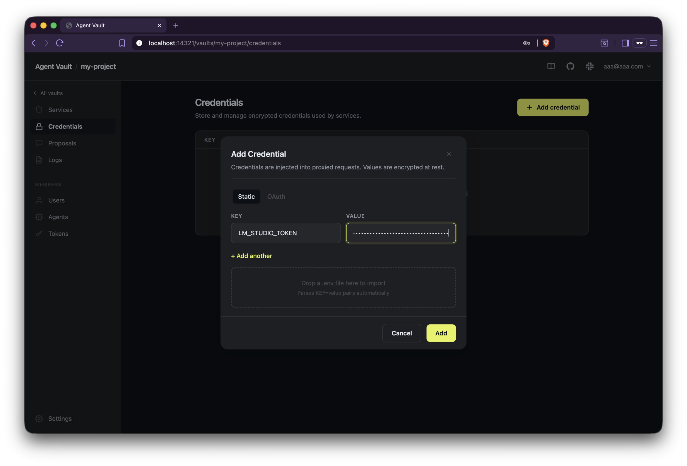 Agent Vault - Add Credentials