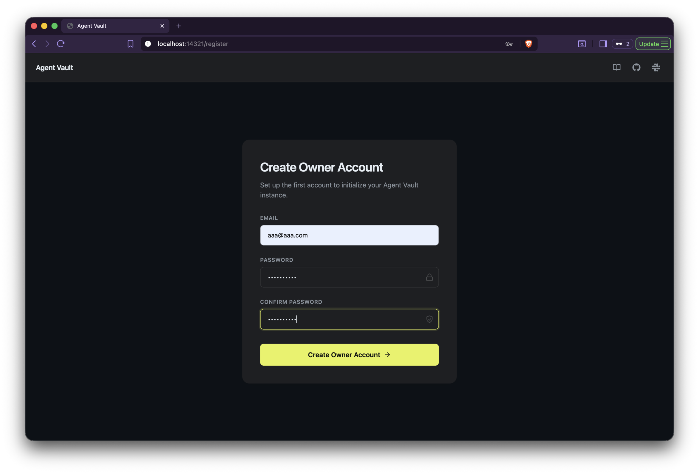 Agent Vault - Create Owner Account