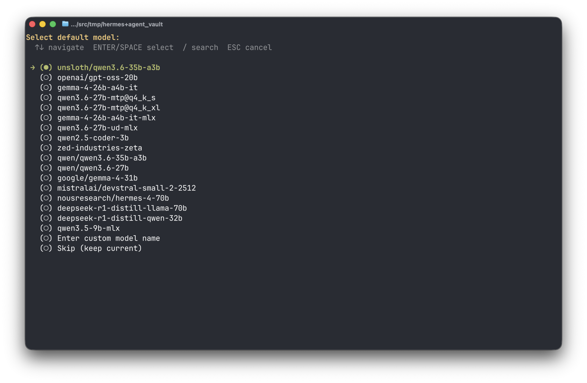 Hermes Agent - Setup - Select default model