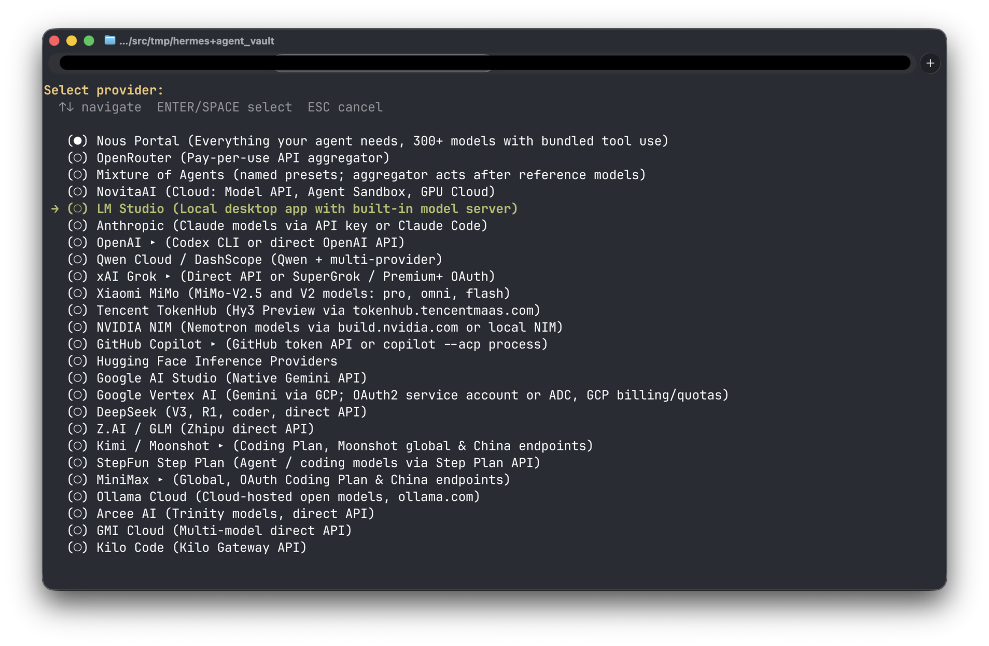 Hermes Agent - Setup - Select provider